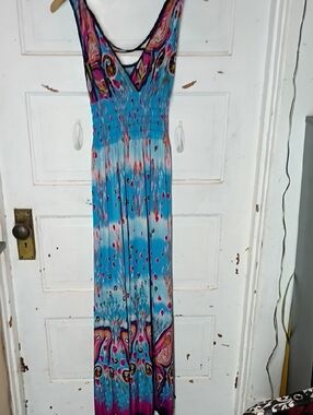 Vibrant Blue Printed Maxi Dress with Smocked Waist